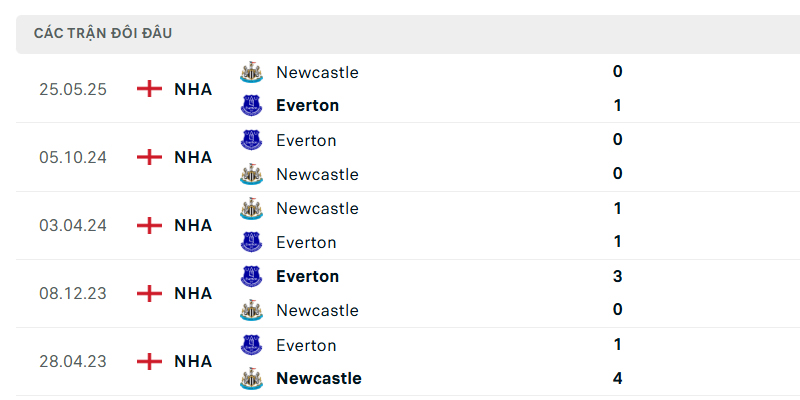 Thành tích đối đầu giữa Everton vs Newcastle